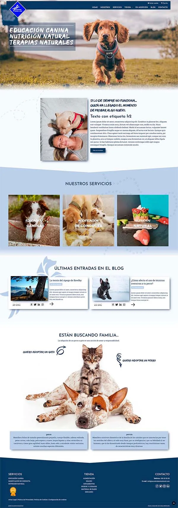 Diseño Página web Servicios caninos - Ancestral Animal Soul - Educación y nutrición canina. Tienda online.